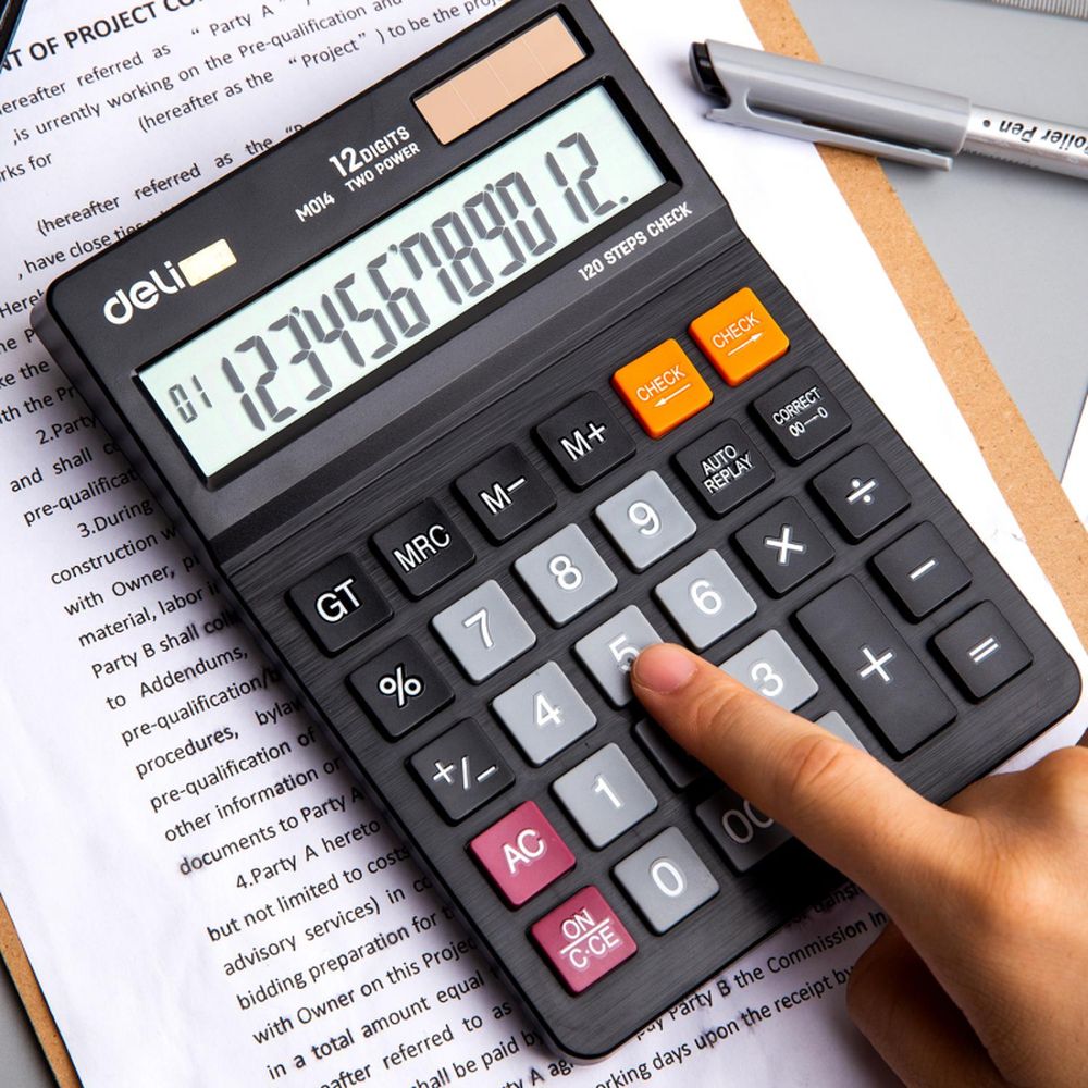 Калькулятор настольный полноразмерный Deli EM01420, 12-р,дв.пит, 180х126мм,чер