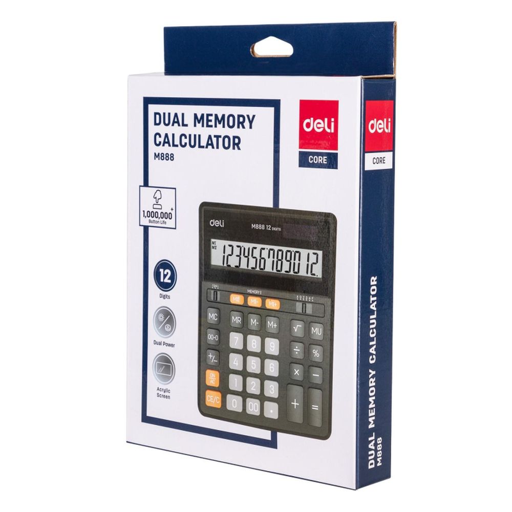 Калькулятор настольный полноразмерный Deli EM888, 12-р,дв.пит, 202х159мм,черн