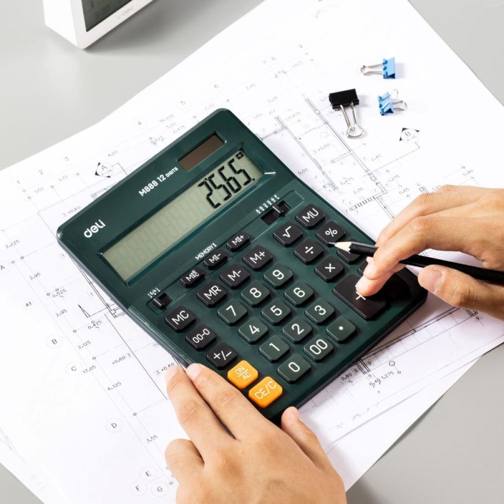 Калькулятор настольный полноразмерный Deli EM888F, 12-р,дв.пит.,202x159мм,т-зел