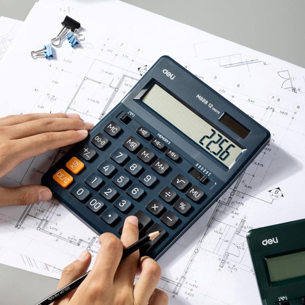 Калькулятор настольный полноразмерный Deli EM888F, 12-р,дв.пит.,202x159мм,т-син