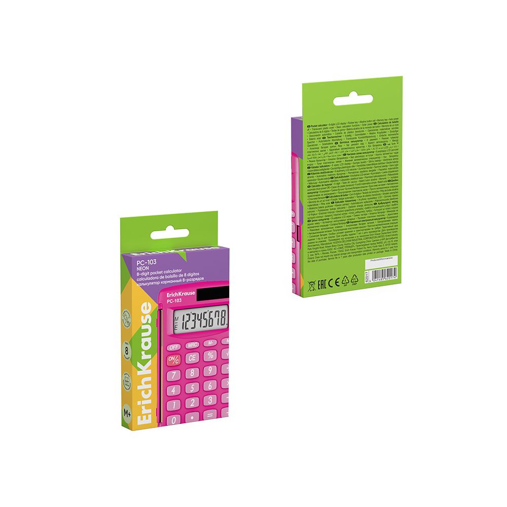 Калькулятор карманный 8-разрядов ErichKrause PC-103 Neon, розовый 