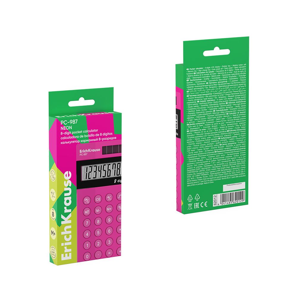 Калькулятор карманный 8-разрядов ErichKrause PC-987 Neon, розовый 