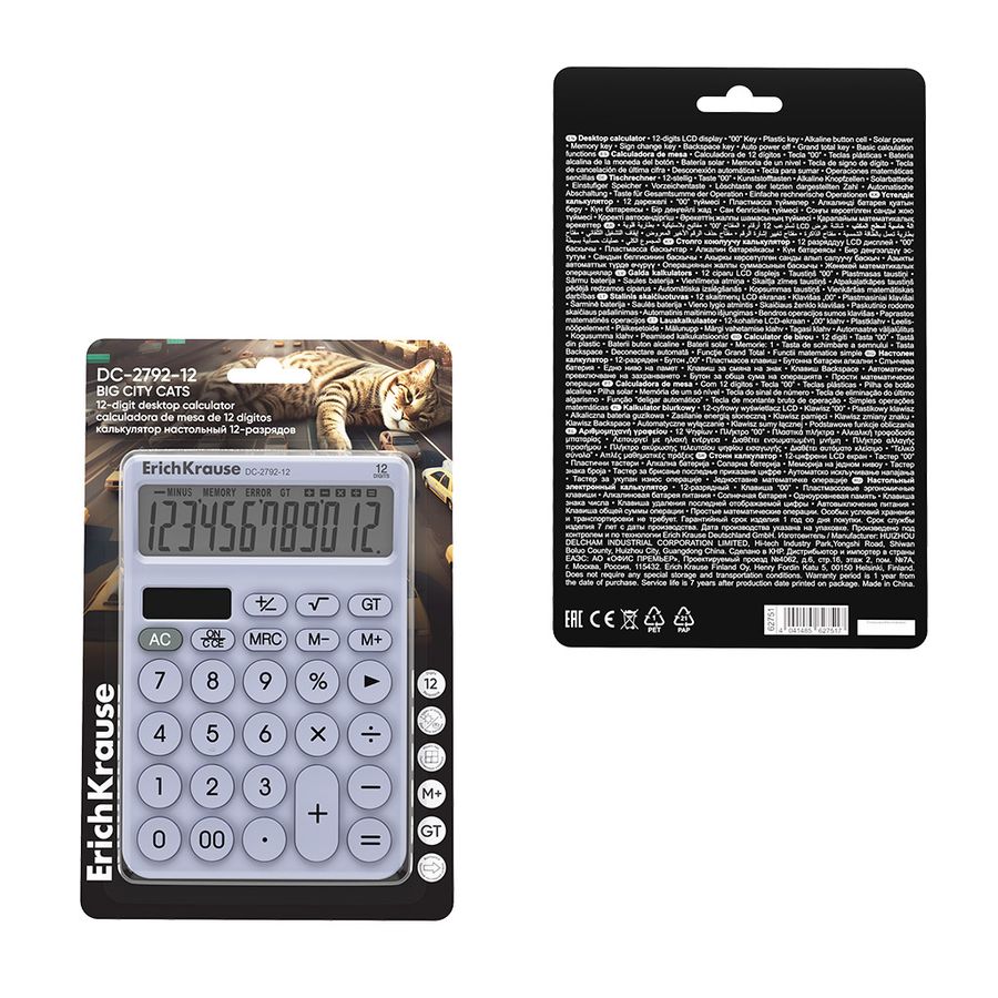 Калькулятор настольный 12-разрядов ErichKrause DC-2792-12 Big City Cats, ассорти 