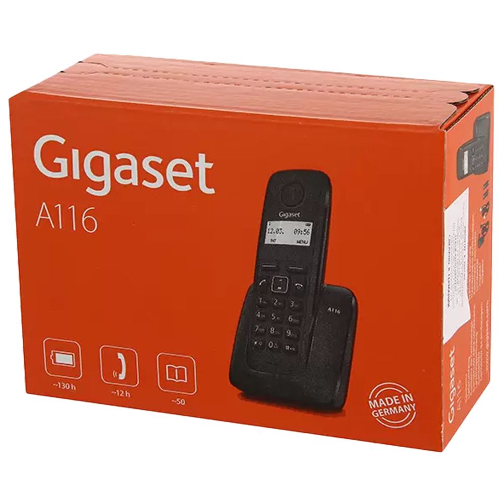 Радиотелефон Gigaset A116, память 50 номеров, АОН, повтор, часы, черный