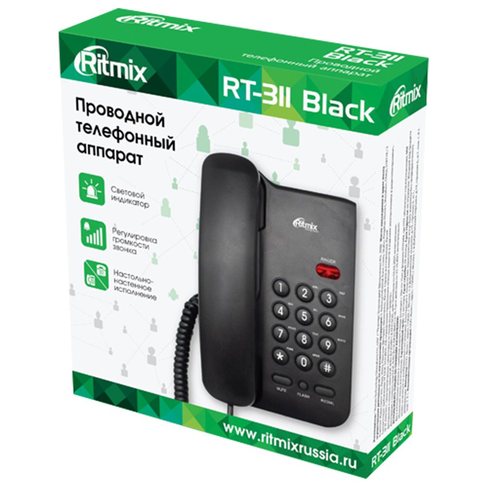 Телефон RITMIX RT-311 black, световая индикация звонка, тональный/импульсный режим, повтор, черный
