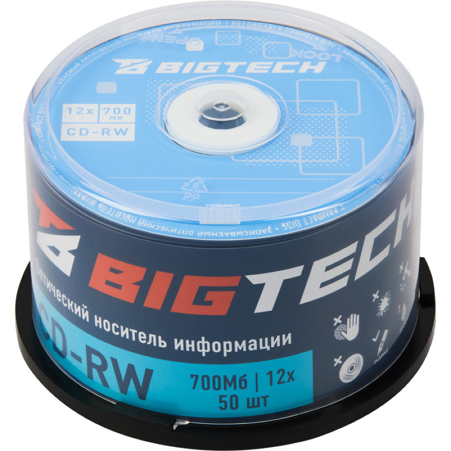 Диск CD-RW BigTech 700 МБ 12x cake box YCDRWB001 (50 штук в упаковке) 