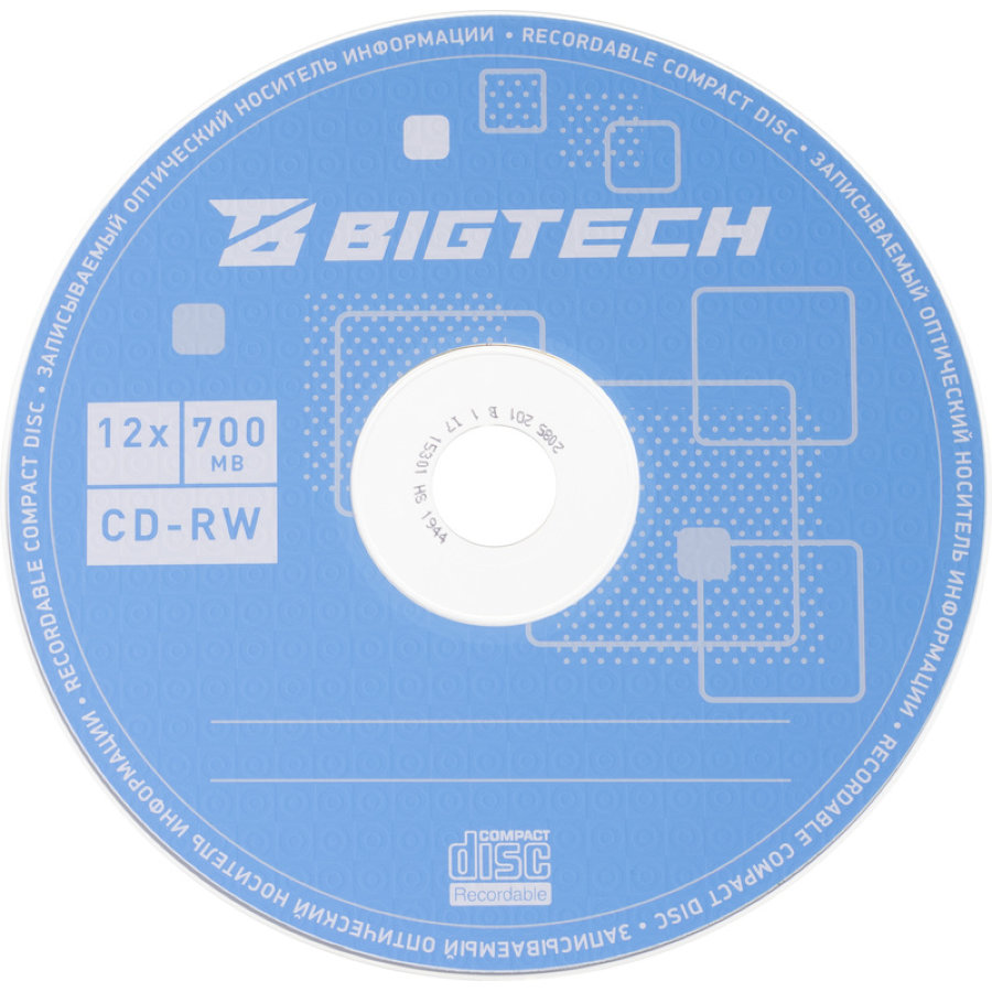 Диск CD-RW BigTech 700 МБ 12x cake box YCDRWB002 (10 штук в упаковке) 