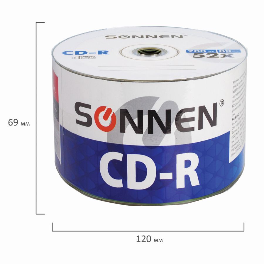 Диски CD-R SONNEN 700 Mb 52x Bulk (термоусадка без шпиля), КОМПЛЕКТ 50 шт.