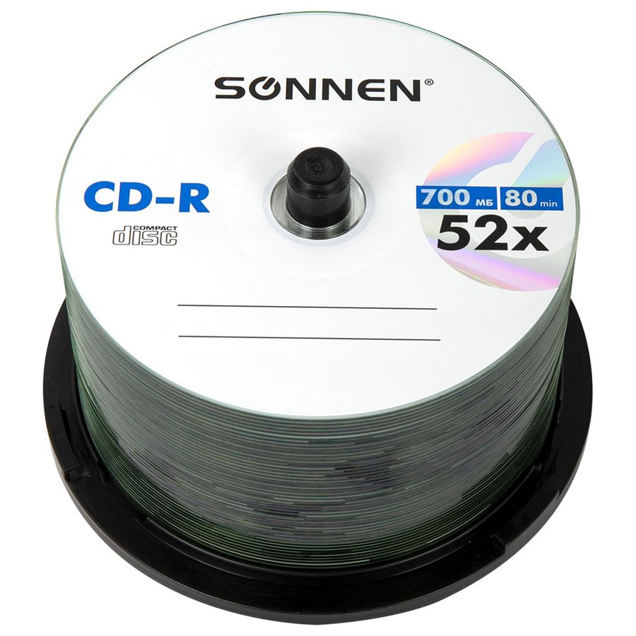 Диски CD-R SONNEN 700 Mb 52x Cake Box (упаковка на шпиле), КОМПЛЕКТ 50 шт.