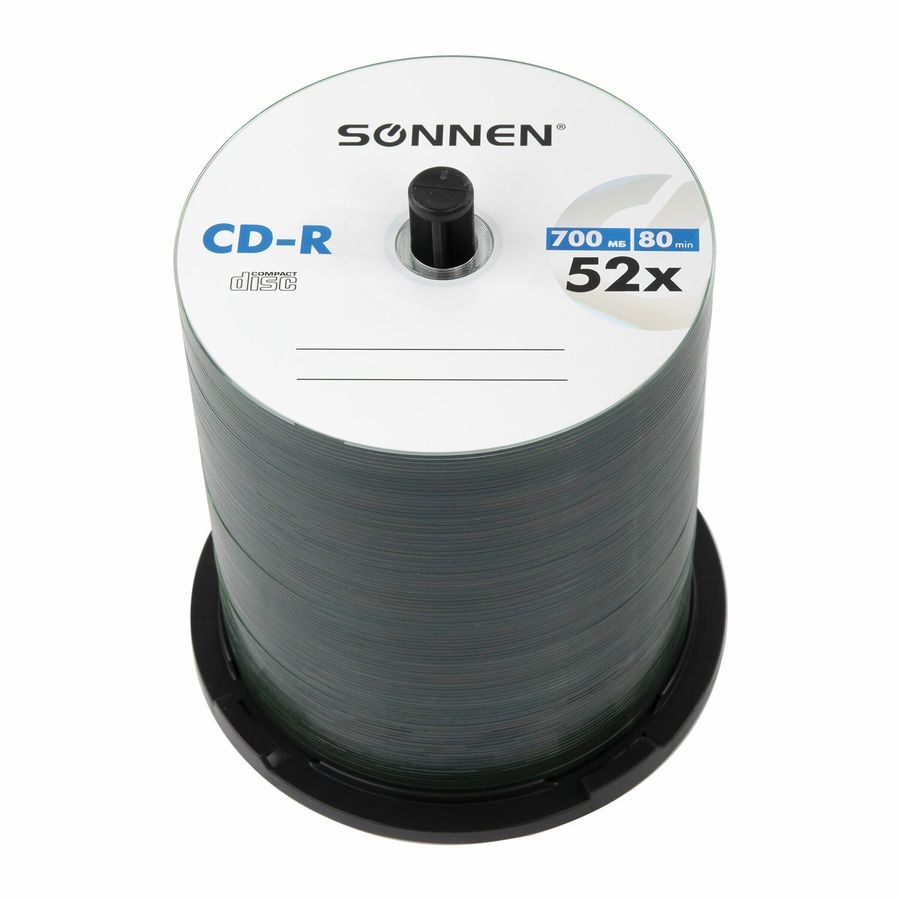 Диски CD-R SONNEN, 700 Mb, 52x, Cake Box (упаковка на шпиле) КОМПЛЕКТ 100 шт.