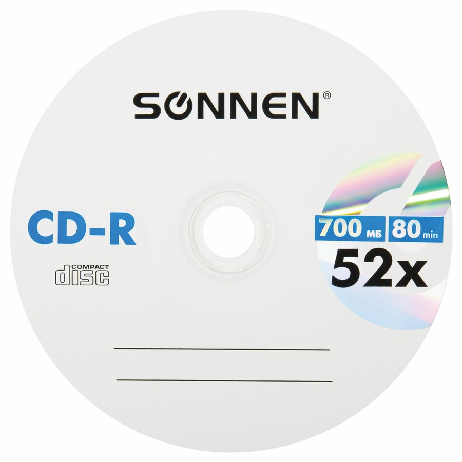 Диски CD-R SONNEN, 700 Mb, 52x, Cake Box (упаковка на шпиле) КОМПЛЕКТ 100 шт.