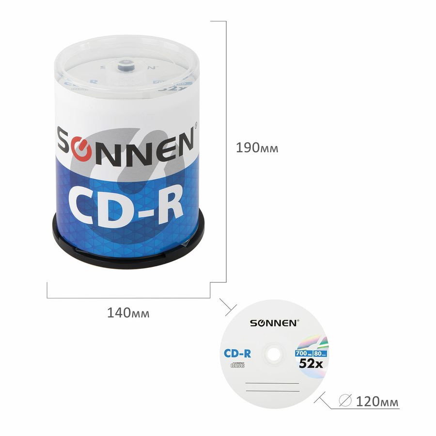 Диски CD-R SONNEN, 700 Mb, 52x, Cake Box (упаковка на шпиле) КОМПЛЕКТ 100 шт.