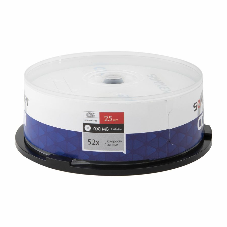 Диски CD-R SONNEN, 700 Mb, 52x, Cake Box (упаковка на шпиле) КОМПЛЕКТ 25 шт.