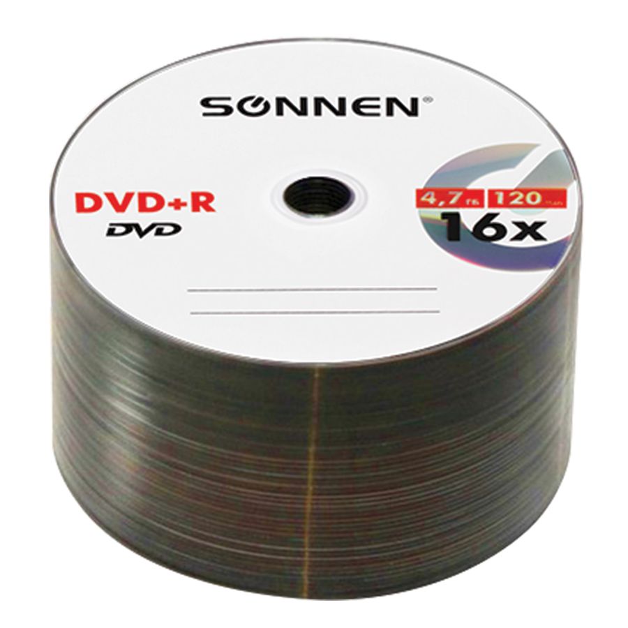 Диски DVD+R (плюс) SONNEN 4,7 Gb, 16x, Cake Box (упаковка на шпиле), КОМПЛЕКТ 50 шт.