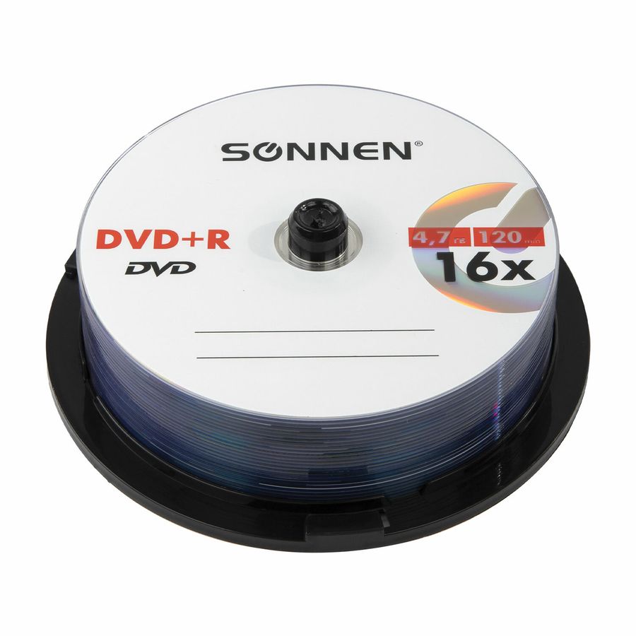Диски DVD+R SONNEN, 4,7 Gb, 16x, Cake Box (упаковка на шпиле), КОМПЛЕКТ 25 шт.