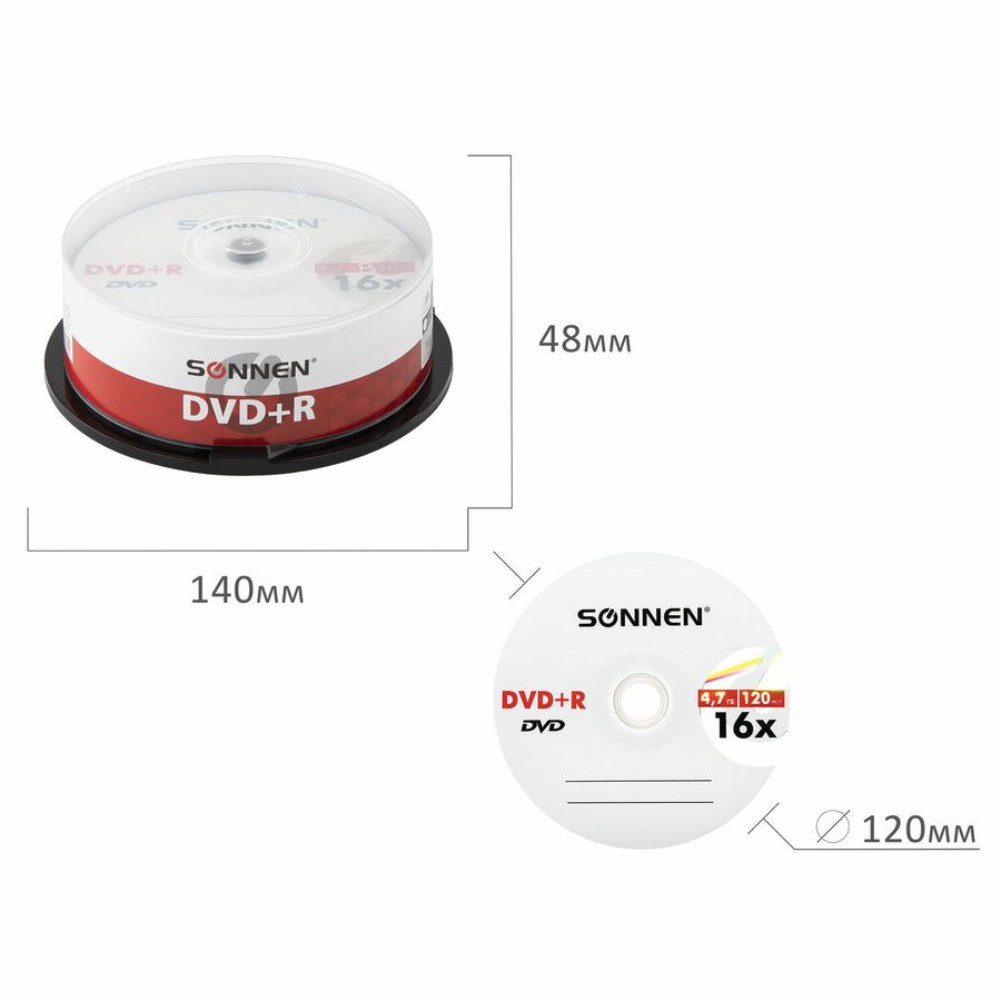 Диски DVD+R SONNEN, 4,7 Gb, 16x, Cake Box (упаковка на шпиле), КОМПЛЕКТ 25 шт.