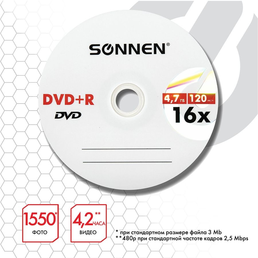 Диски DVD+R SONNEN, 4,7 Gb, 16x, Cake Box (упаковка на шпиле), КОМПЛЕКТ 25 шт.