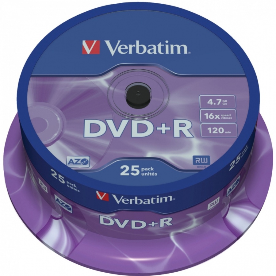 Диск DVD+R Verbatim 4,7Gb, 16х, cakebox/25шт, записываемый