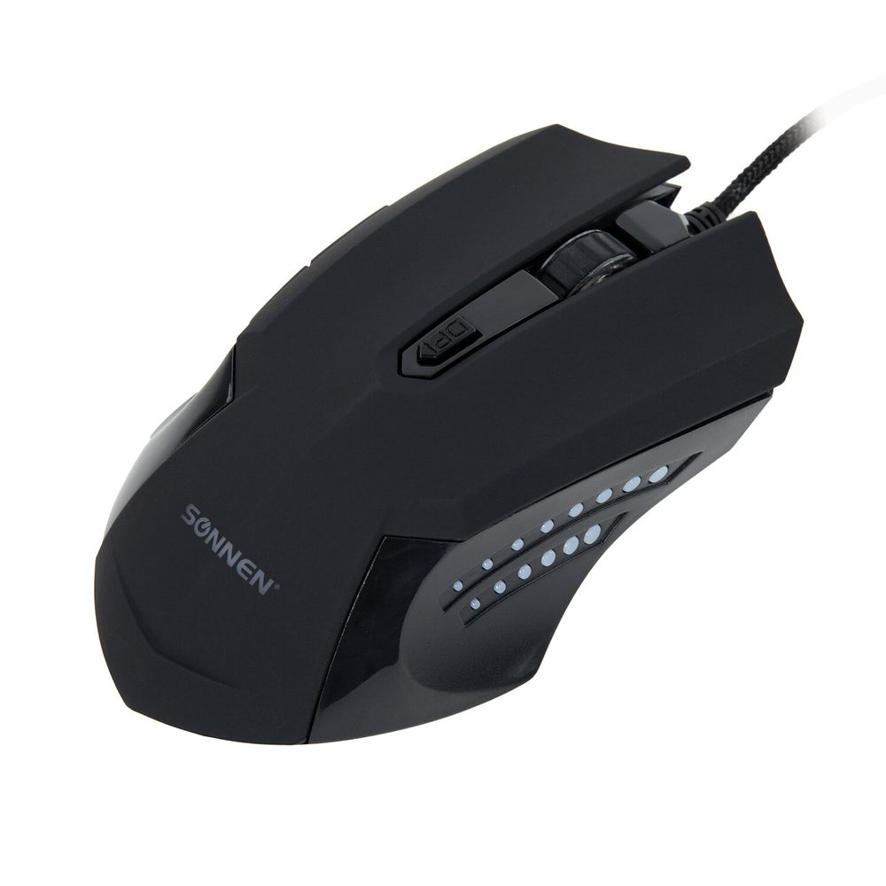 Мышь проводная SONNEN I3, пластик, 6 кнопок, 800-3200 dpi, LED-подсветка, черная