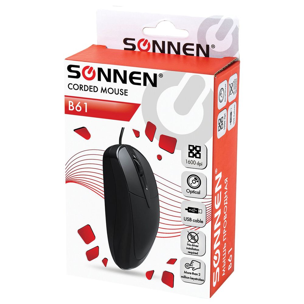 Мышь проводная SONNEN B61, USB, 1600 dpi, 2 кнопки + колесо-кнопка, оптическая, черная