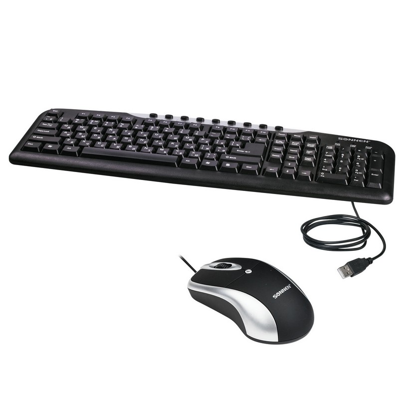 Набор проводной SONNEN KB-S110, USB, клавиатура 116 клавиш, мышь 3 кнопки, 1000 dpi, черный/серебристый