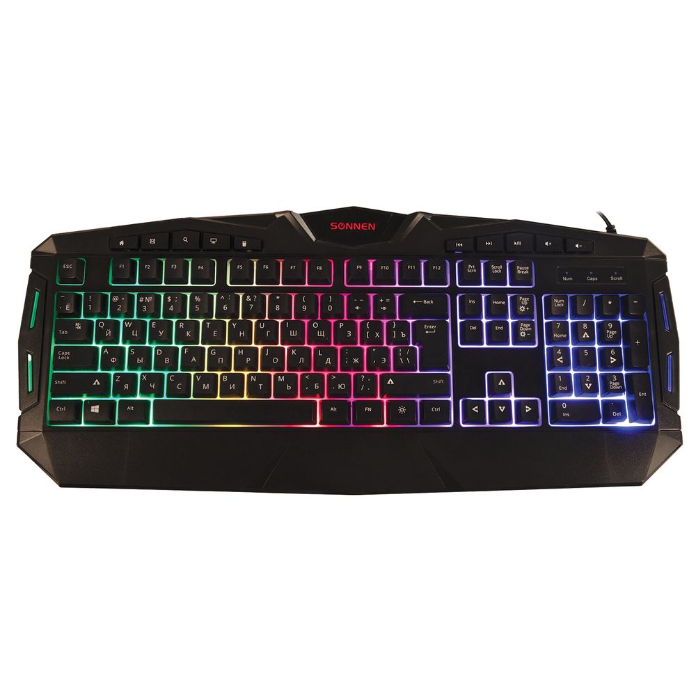 Клавиатура проводная SONNEN Q9M, USB, 104 клавиши + 10 мультимедийных, RGB, черная