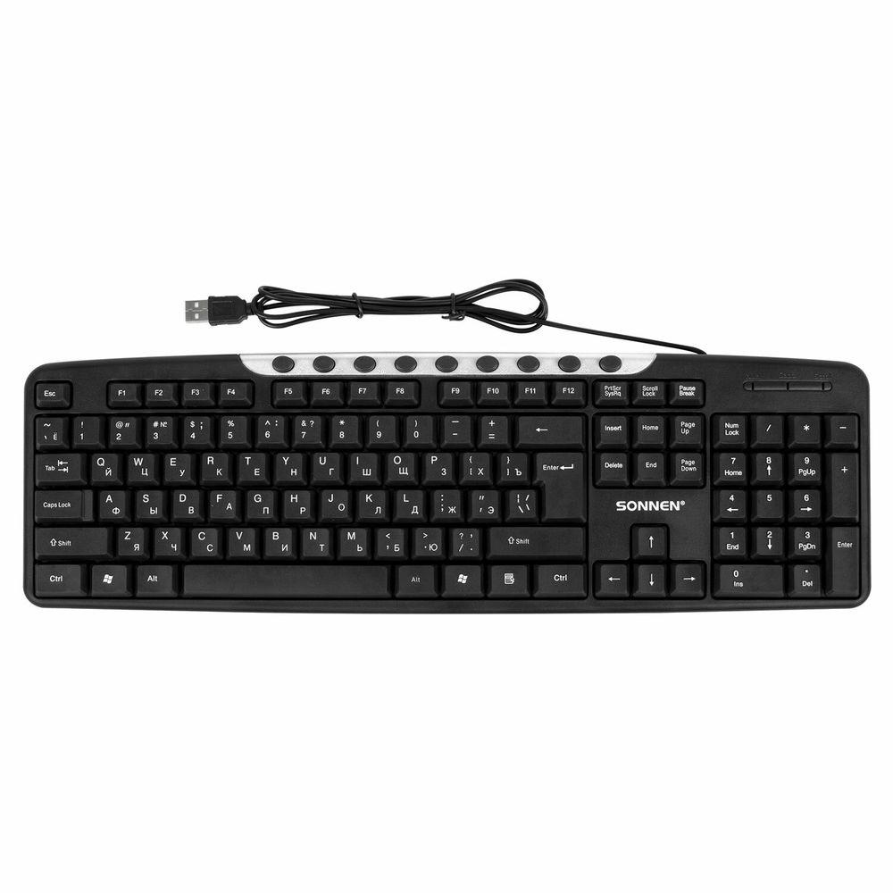 Набор проводной SONNEN KB-S110, USB, клавиатура 113 клавиш, мышь 3 кнопки, 1000 dpi, черный/серебристый