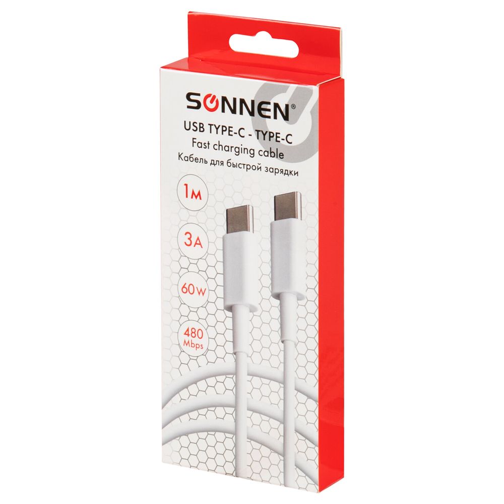 Кабель USB Type-C-Type-C с поддержкой быстрой зарядки, белый, 1 м, SONNEN, медный