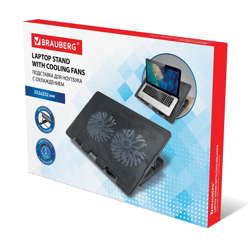 Подставка для ноутбука с охлаждением, 2 порта USB-A, LED-подсветка, 352х252 мм, BRAUBERG