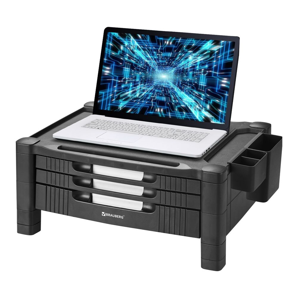 Подставка для монитора, ноутбука 434х336х193 мм, 3 ящика, черная, BRAUBERG