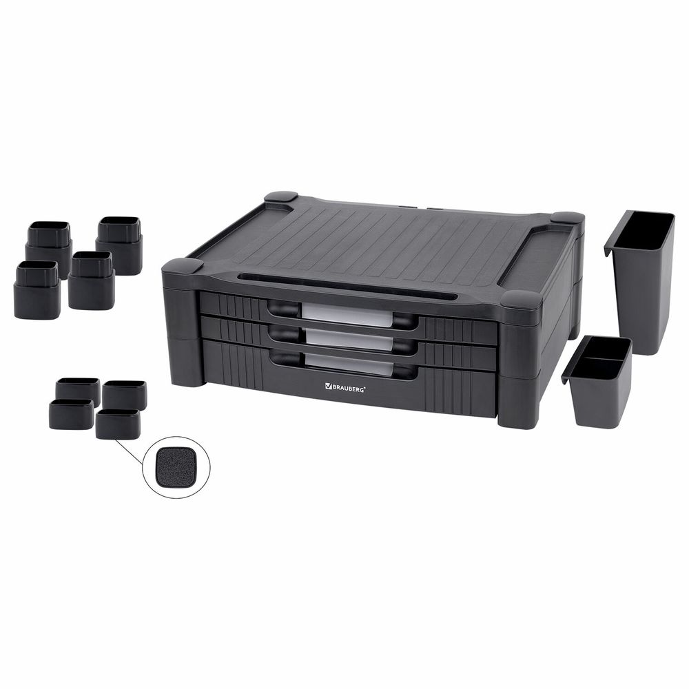 Подставка для монитора, ноутбука 434х336х193 мм, 3 ящика, черная, BRAUBERG