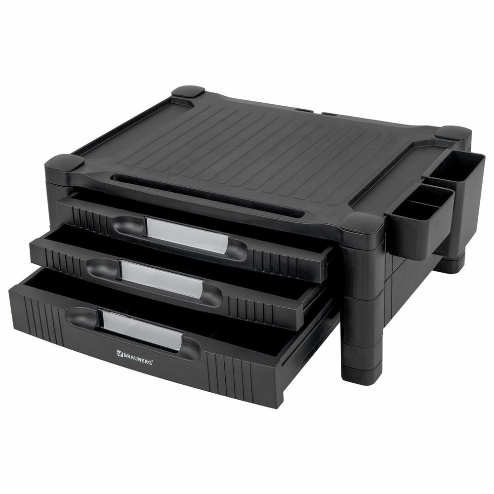 Подставка для монитора, ноутбука 434х336х193 мм, 3 ящика, черная, BRAUBERG