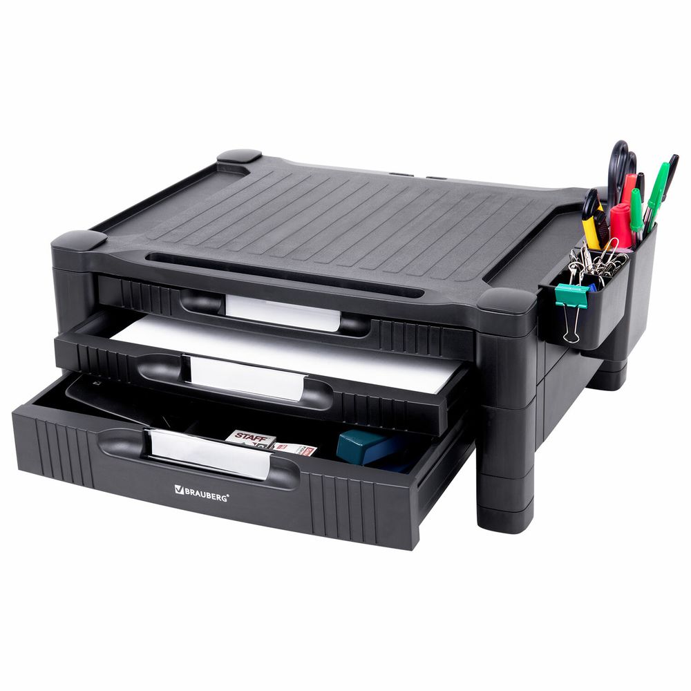 Подставка для монитора, ноутбука 434х336х193 мм, 3 ящика, черная, BRAUBERG