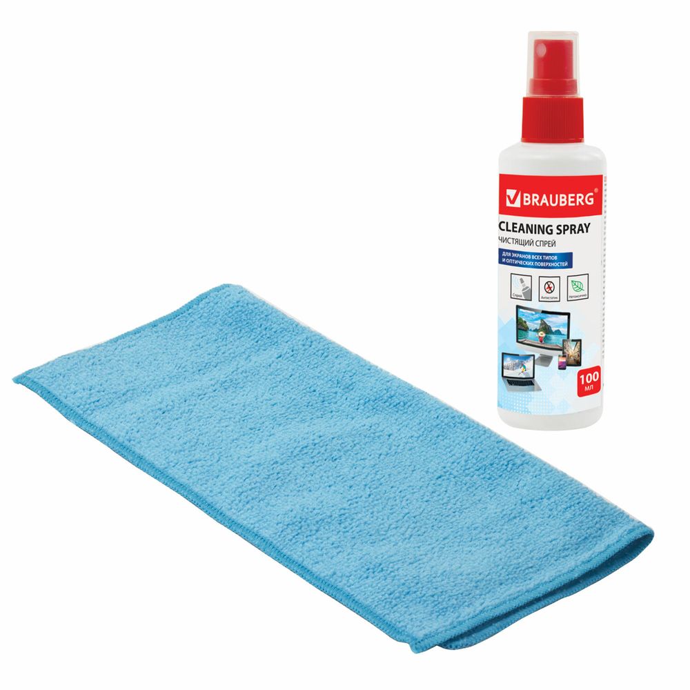 Чистящий набор для экранов всех типов и оптики BRAUBERG, комплект салфетка и спрей, 100 мл