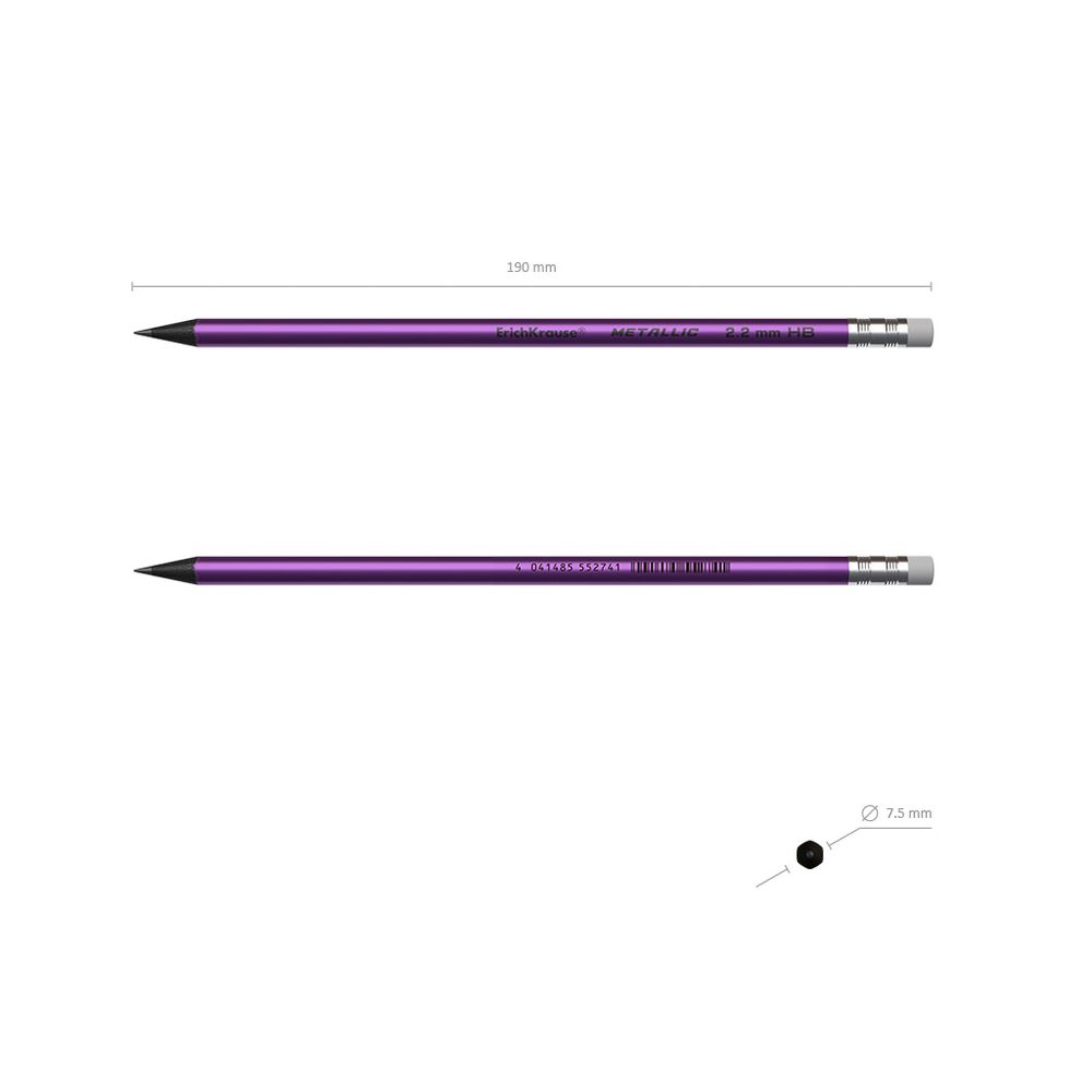 Пластиковый чернографитный круглый карандаш с ластиком ErichKrause Metallic HB