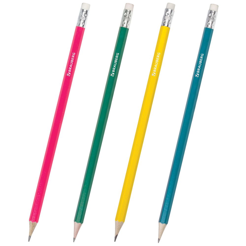 Карандаш чернографитный BRAUBERG, 1 шт., "Fluor", НВ, с ластиком, корпус неоновый ассорти, заточенный
