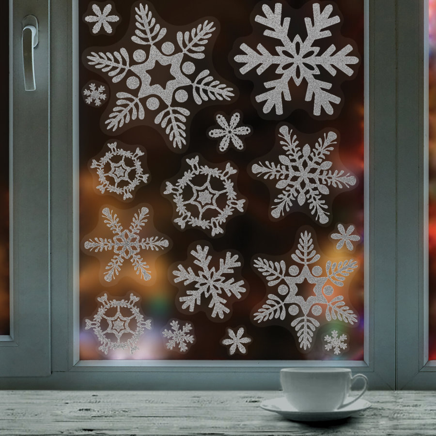 Наклейка для окон, 64 СНЕЖИНКИ, КОМПЛЕКТ 4 шт., 30х38 см, глиттер, серебро, ЗОЛОТАЯ СКАЗКА