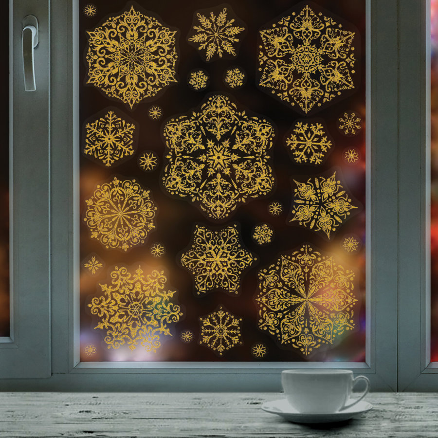 Наклейка для окон, 112 СНЕЖИНОК, КОМПЛЕКТ 4 шт., 30х38 см, глиттер, золото, ЗОЛОТАЯ СКАЗКА