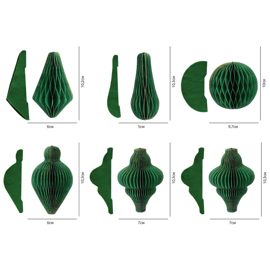 Елочные украшения из бумаги, НАБОР 6 шт., с глиттером, цвет изумрудный, ЗОЛОТАЯ СКАЗКА