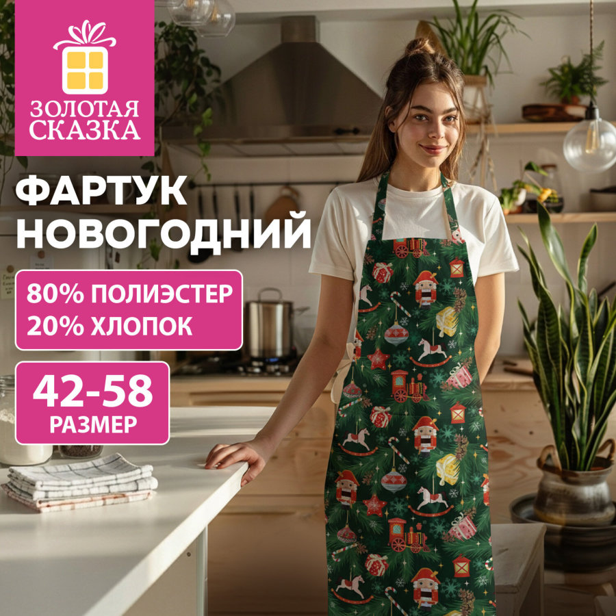 Фартук новогодний (1 шт.), 70х80 см, с изображением ЕЛОЧНЫХ ИГРУШЕК, полиэстер, хлопок, ЗОЛОТАЯ СКАЗКА