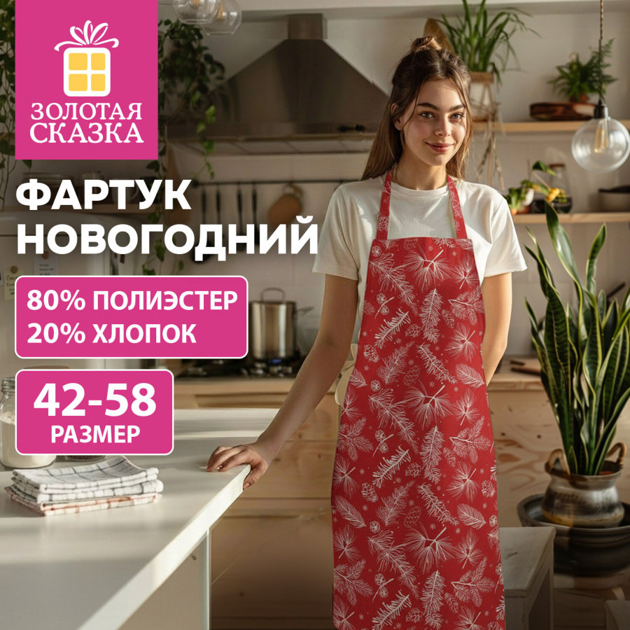 Фартук новогодний (1 шт.), 70х80 см, с изображением ЕЛОВЫХ ВЕТОЧЕК, полиэстер, хлопок, ЗОЛОТАЯ СКАЗКА