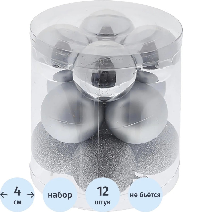 Набор шаров Серебряный жемчуг, 12шт D 4 см, L9,5 W9,5 H10,5 см