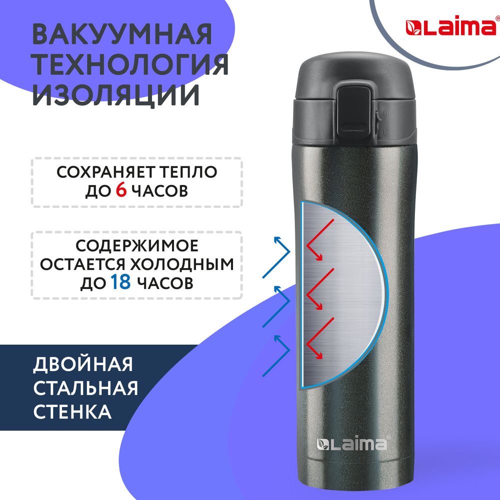 Термокружка 470 мл из нержавеющей стали SUS304, бесконечно темно-серый металлик, LAIMA
