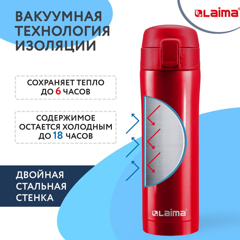Термокружка 470 мл из нержавеющей стали SUS304, взрывной тёмно-красный металлик, LAIMA