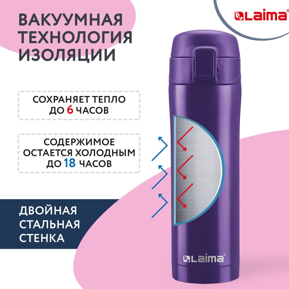 Термокружка 470 мл из нержавеющей стали SUS304, царский фиолетовый матовый, LAIMA