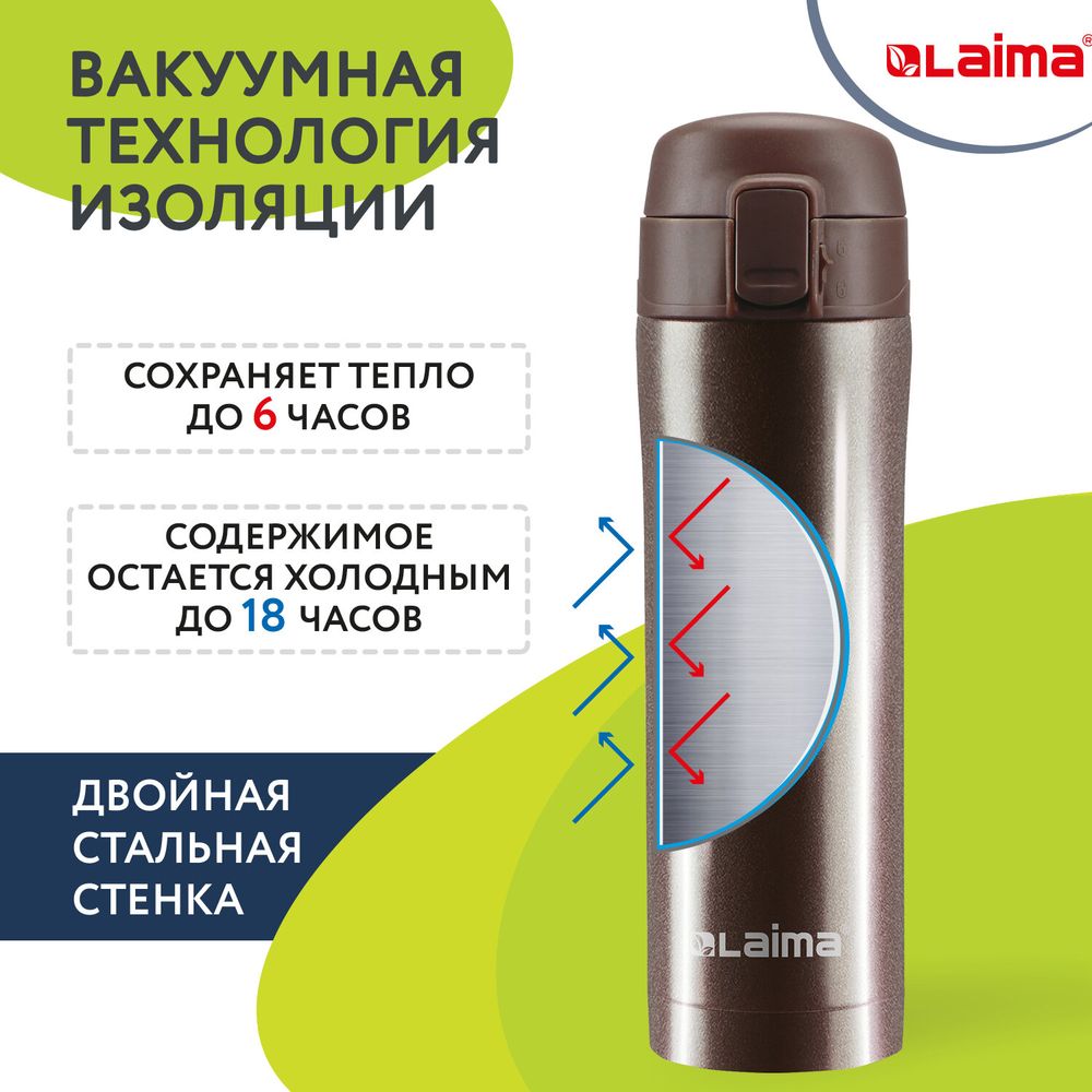 Термокружка 470 мл из нержавеющей стали SUS304, шоколадно-коричневый металлик, LAIMA