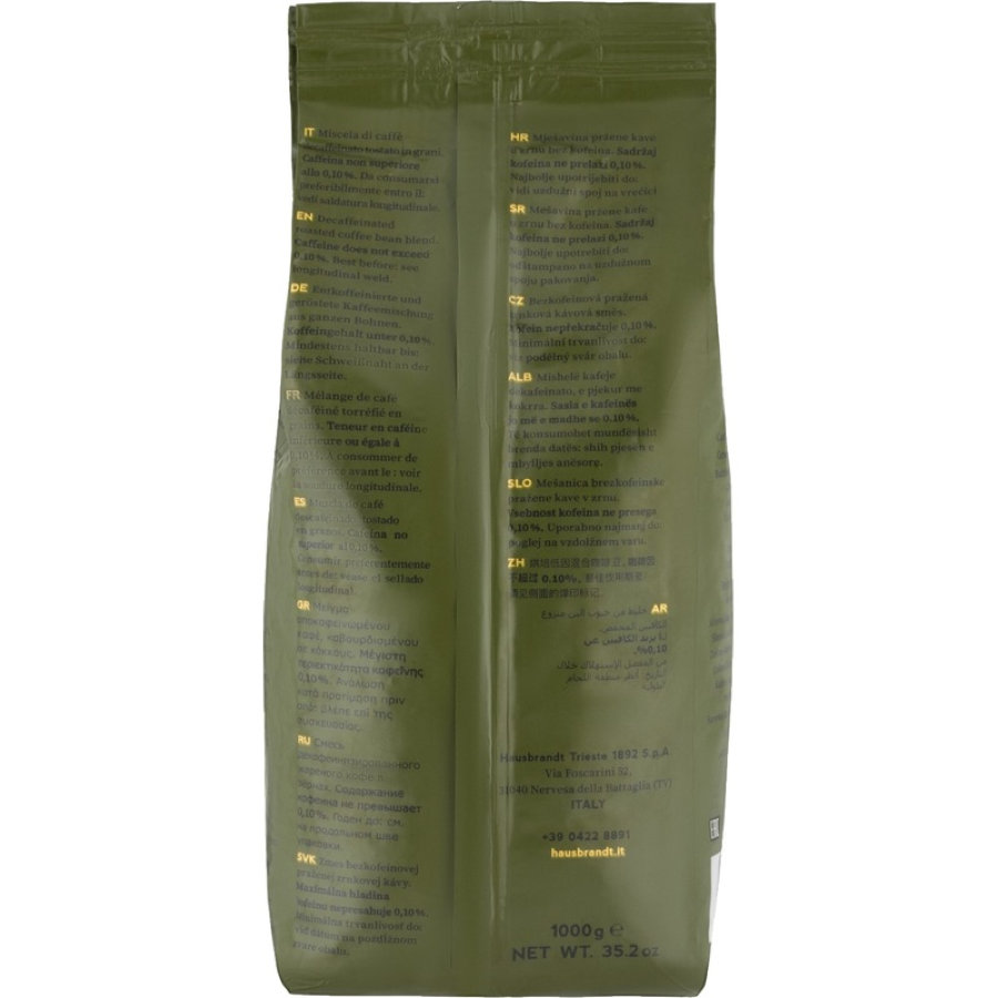 Кофе Hausbrandt в зернах DeCaffeinated без кофеина, 1кг