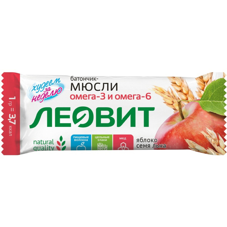 Батончик мюсли Леовит с яблоком и семенем льна, 26штx30г