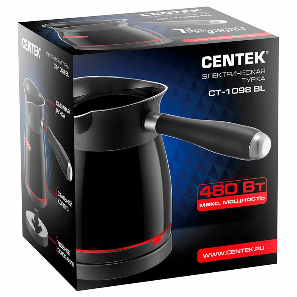 Турка электрическая CENTEK CT-1098, 0,5 л, 480 Вт, механическое управление, стальная, черная, CT-1098 SS