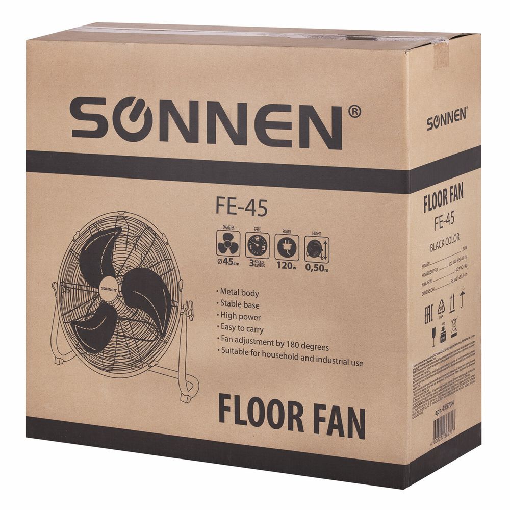 Вентилятор напольный ПОВЫШЕННОЙ МОЩНОСТИ SONNEN FE-45A, d=45 см, 120 Вт, 3 скорости, черный